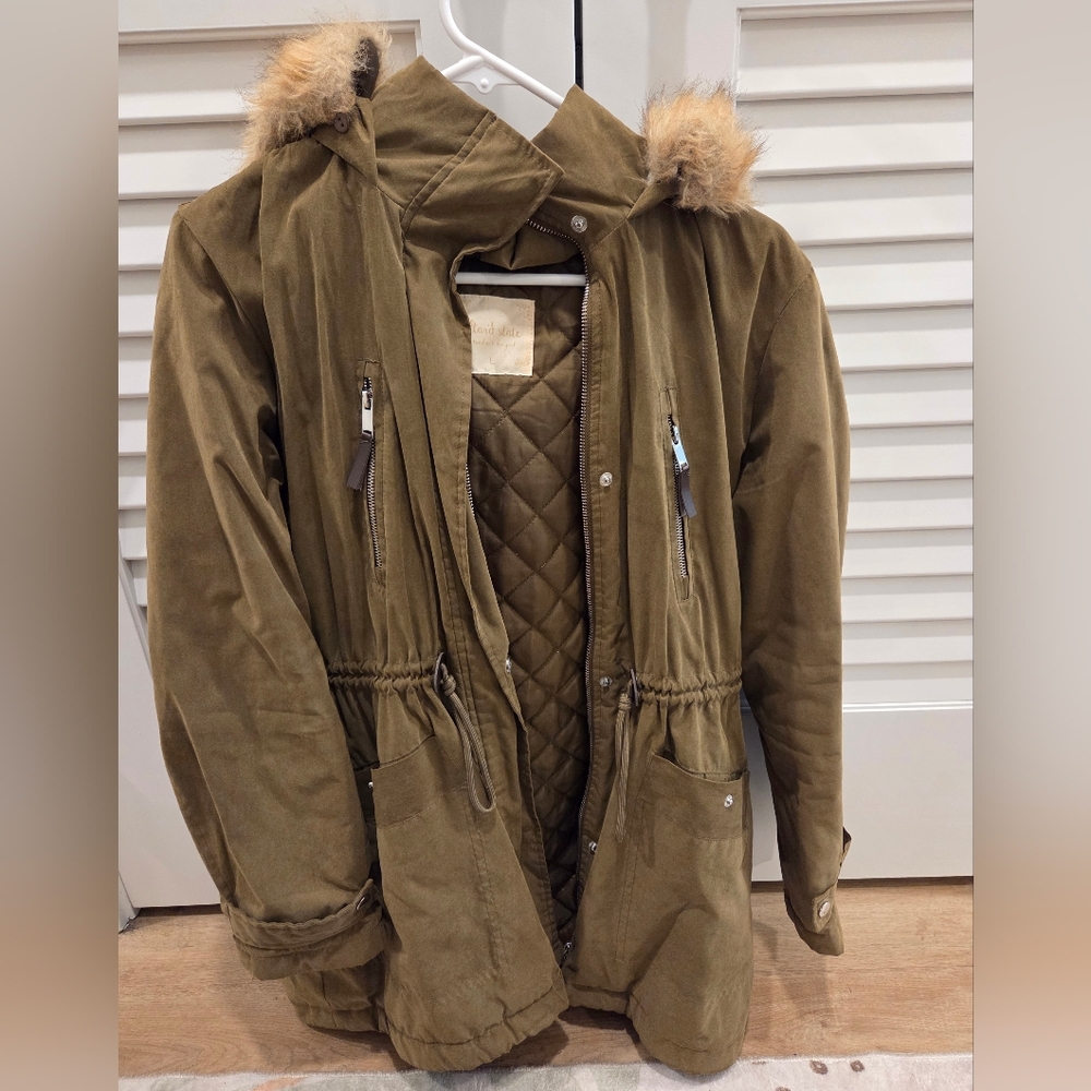 Altar'd State Olive Green Coat with Faux Fur Hood